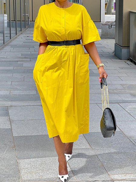 

Crew Neck Plain Urban Half Sleeve Long Dress, Yellow, Maxi Dresses