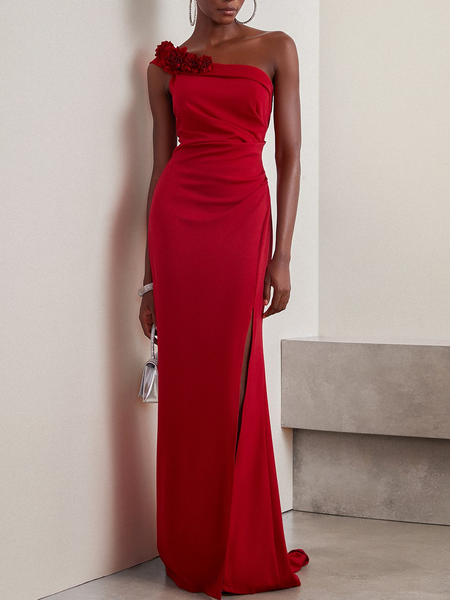 Women Plain Sleeveless Comfy Vacation Glitter Maxi Dress, Red, Dresses