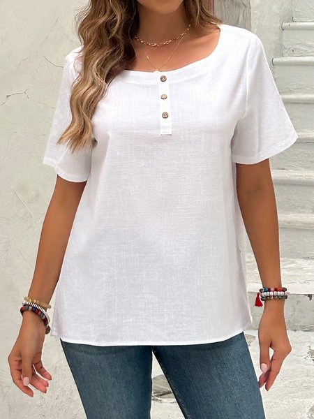

Crew Neck Short Sleeve Plain Lightweight Loose Shirt For Women, White, Blouses