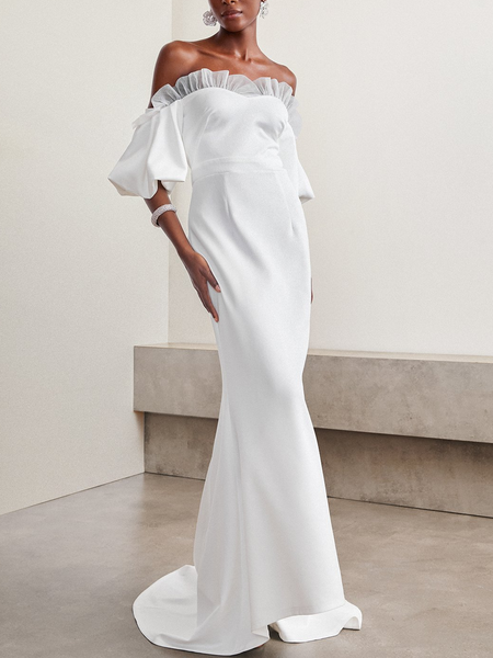 

Women Plain Boat Neck Half Sleeve Comfy Vacation Maxi Dress, White, Dresses