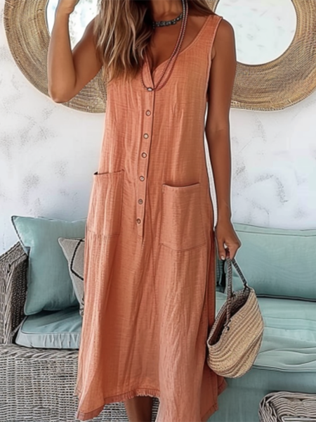 Women's Cotton Dress Summer Orange V Neck Tank Midi Dress With Pockets, Dresses