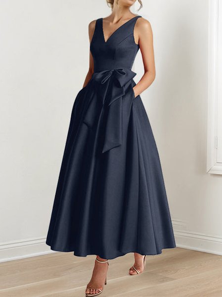 

Women's Summer V Neck Dark Blue Long Wedding Guest Formal Dress With Bow, Dresses