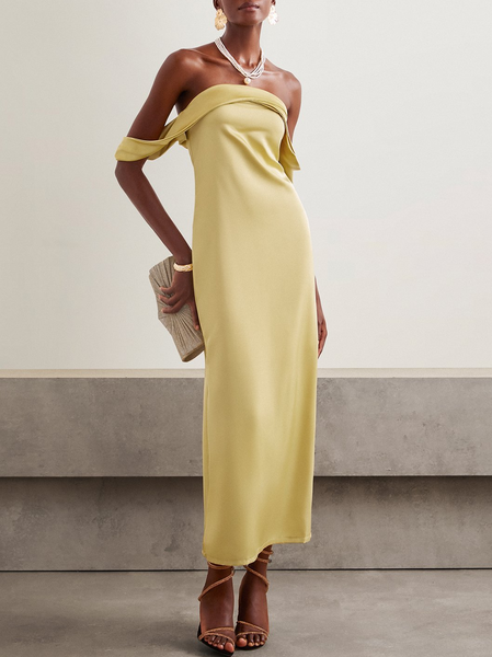 

Women Plain Strapless Sleeveless Comfy Vacation Maxi Dress, Yellow, Dresses