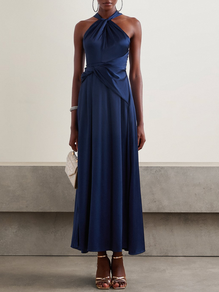 

Women Plain Halter Sleeveless Comfy Vacation Ruched Maxi Dress, Blue, Dresses