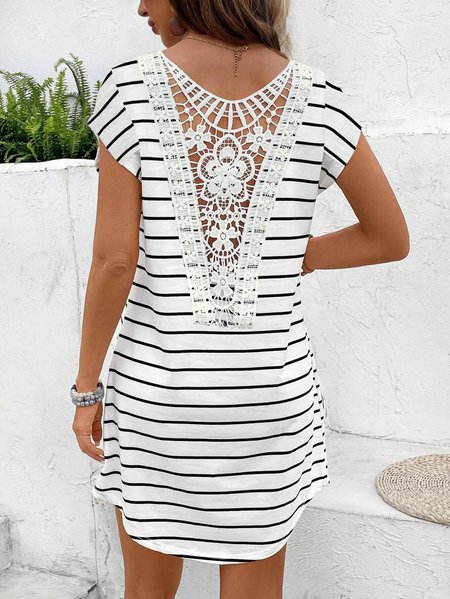 

Women's Short Sleeve Lace Edge Dress Summer Stripe V Neck Going Out Dress, White, Dresses