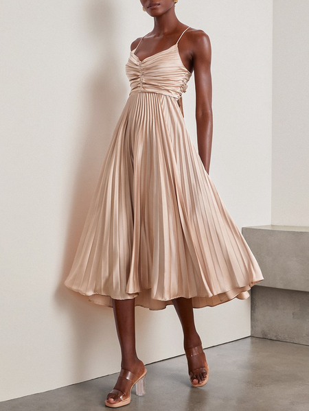 

Women Plain Spaghetti Gallus Comfy Vacation Ruched Maxi Dress, Light pink, Dresses