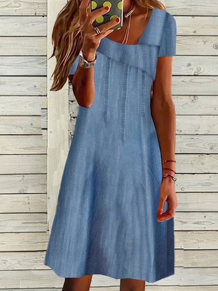 

Women Plain Shawl Collar Short Sleeve Comfy Casual Midi Dress, Blue, Dresses