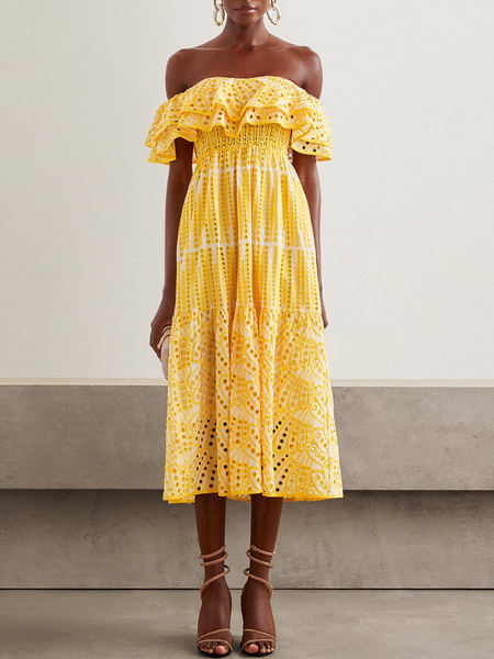 

Women Plain Boat Neck Short Sleeve Comfy Vacation Eyelet Maxi Dress, Yellow, Dresses