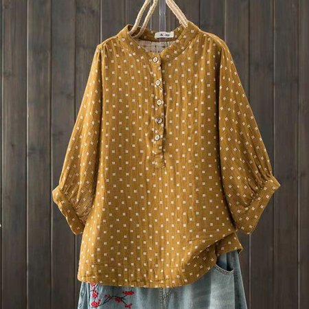 

Plaid Half Open Collar Casual Cotton Blouse, Tan, Blouses & Shirts