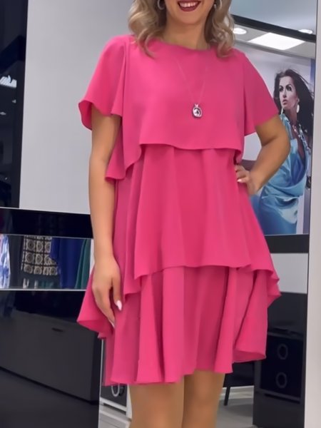 Women Plain Crew Neck Short Sleeve Comfy Casual Midi Dress, Rose red, Dresses