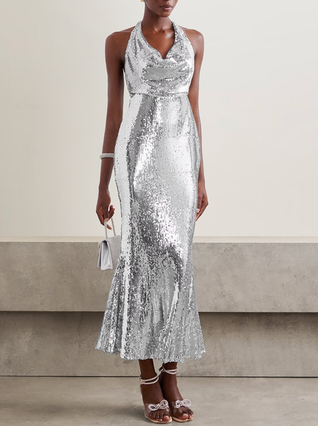 

Women Plain V Neck Gallus Comfy Vacation Glitter Maxi Dress, Silver, Dresses
