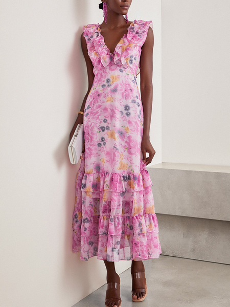 

Women Plain V Neck Gallus Comfy Vacation Peplum Maxi Dress, Flower, Dresses