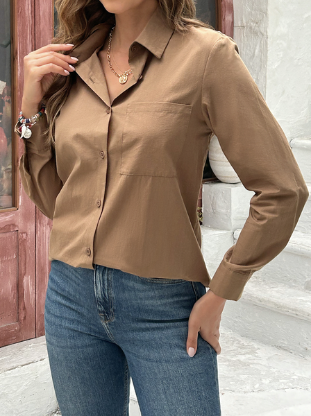 

Shirt Collar Short Sleeve Plain Regular Loose Blouse For Women, Coffee, Shirts
