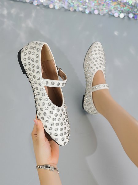 

Rhinestone Embellished Mary Jane Shoes, White, Flats