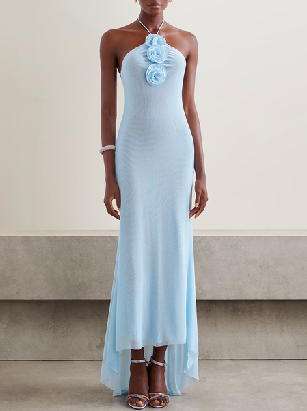 

Women Plain Halter Sleeveless Comfy Vacation Applique Maxi Dress, Blue, Dresses