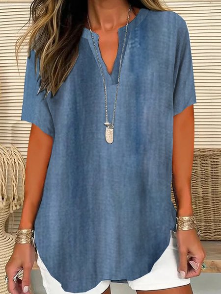 

Notched Short Sleeve Plain Regular Loose Shirt For Women, Blue, Blouses