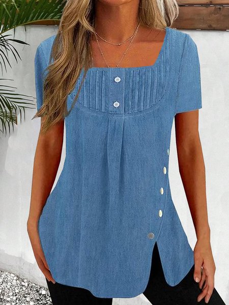 

Square Neck Short Sleeve Plain Regular Loose Shirt For Women, Blue, Blouses