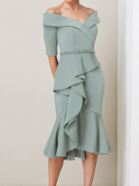 

Women's Half Sleeve Green Plain Folds Boat Neck Cocktail Elegant Midi Formal Dress, Dresses