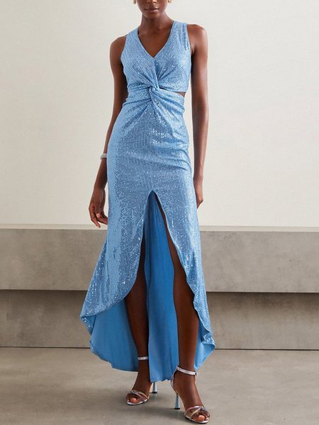 Women Plain V Neck Sleeveless Comfy Vacation Glitter Maxi Dress, Blue, Dresses