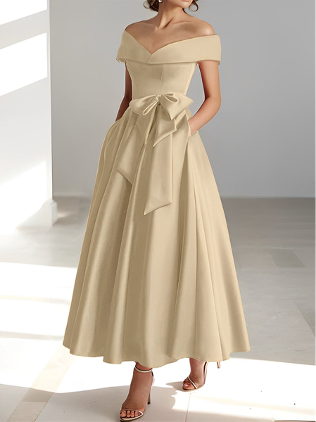 

Women's Off The Shoulder Apricot Long Wedding Guest Formal Dress With Bow, Dresses
