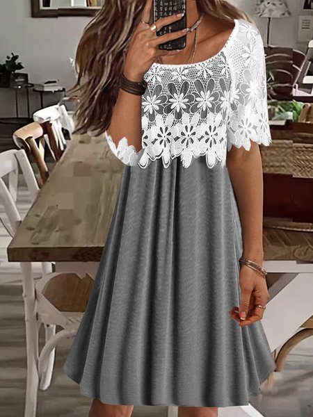 

Women Plain Crew Neck Short Sleeve Comfy Casual Lace Midi Dress, Gray, Dresses