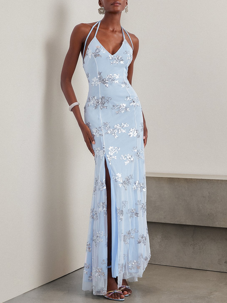 

Women Plain V Neck Gallus Comfy Vacation Glitter Maxi Dress, Blue, Dresses