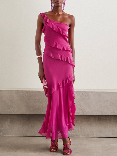 

Women Plain Spaghetti Gallus Comfy Vacation Peplum Maxi Dress, Rose red, Dresses
