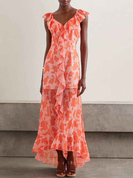 

Women Leaf V Neck Sleeveless Comfy Vacation Maxi Dress, Orange, Dresses
