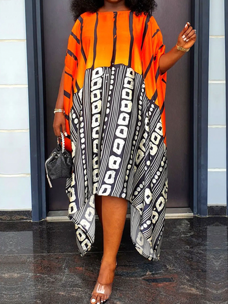 

Loose Crew Neck Short Sleeve Urban Geometric Maxi Dress, As picture, Maxi Dresses