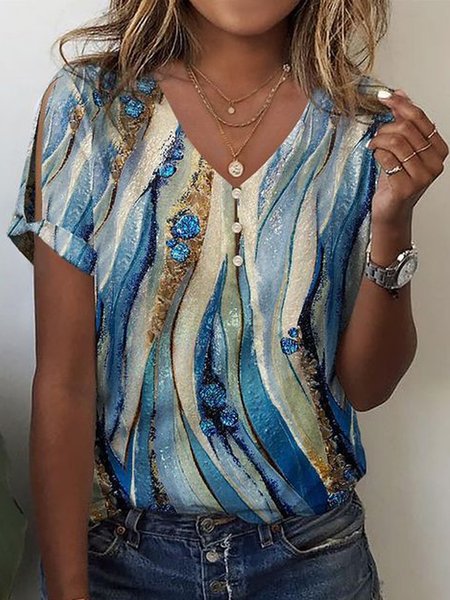 

Women's Short Sleeve Tee T-shirt Summer Abstract Buckle V Neck Casual Top, Blue, T-Shirts