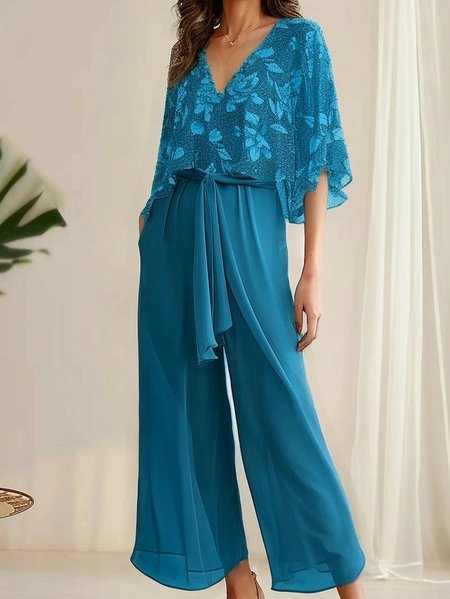 

Floral V Neck Simple Chiffon Two-Piece Set, Blue, Suit Set