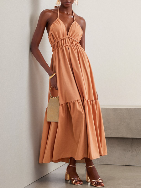 

Women Plain Spaghetti Gallus Comfy Vacation Ruched Maxi Dress, Orange, Dresses