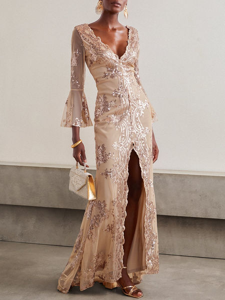 

Women Floral V Neck Sleeveless Comfy Vacation Glitter Maxi Dress, Apricot, Dresses