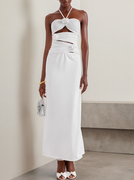 

Women Plain Halter Sleeveless Comfy Vacation Ruched Maxi Dress, White, Dresses