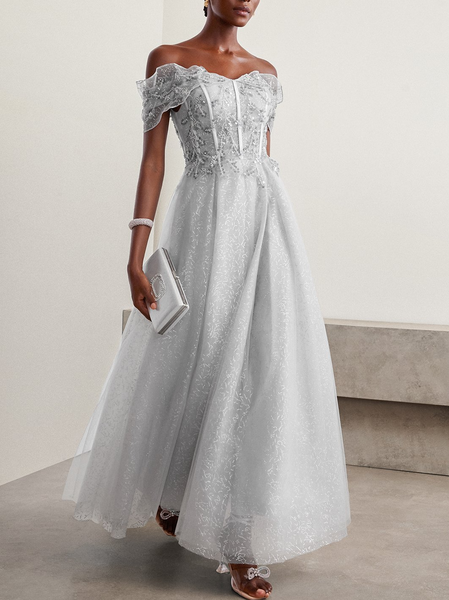 

Women Plain V Neck Short Sleeve Comfy Vacation Glitter Maxi Dress, Gray, Dresses