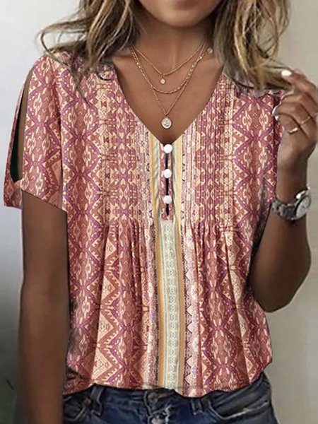 

Casual Floral V Neck Short Sleeve T-shirt, Pink, T-shirts