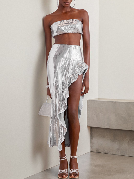 

Women Plain Strapless Sleeveless Comfy Vacation Glitter Maxi Dress, Silver, Dresses
