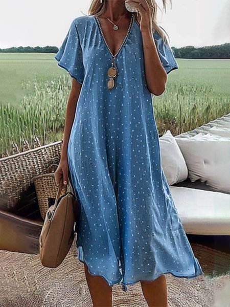 

Women's Short Sleeve Floral Lace Dress Summer Blue Dots V Neck Midi Sundress, Dresses