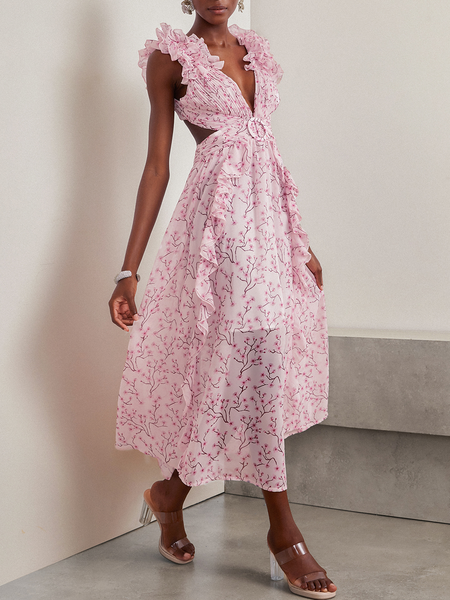 

Women Small Floral V Neck Sleeveless Comfy Sexy Maxi Dress, Light pink, Dresses