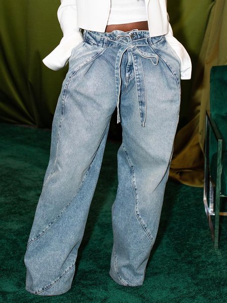 

Plain Loose Wide leg Denim Casual Jeans, Light blue, Jeans