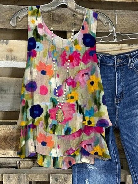 

Casual Crew Neck Floral Tank Top, Multicolor, Tanks & Camis
