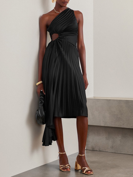 

Women Plain One Shoulder Half Sleeve Comfy Vacation Ruched Maxi Dress, Black, Dresses
