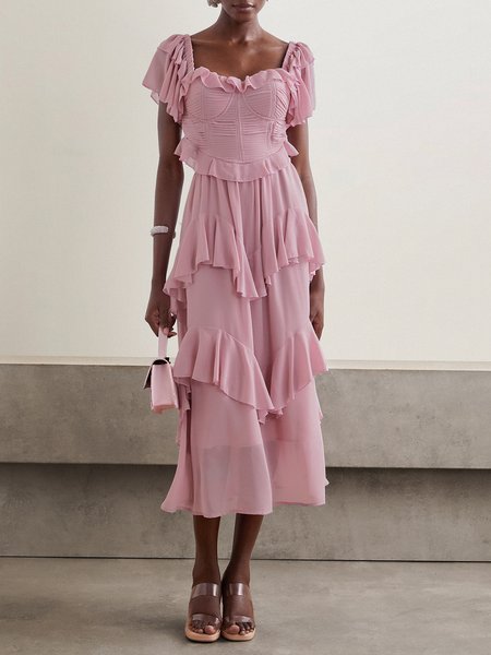 

Women Plain Square Neck Short Sleeve Comfy Vacation Maxi Dress, Dusty pink, Dresses