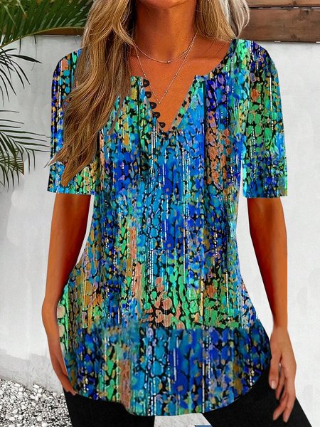 

Notched Short Sleeve Random Print Lightweight Micro-Elasticity Loose Shirt For Women, Blue, Blouses