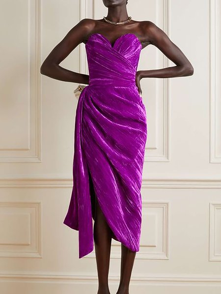 

Women's Sleeveless Summer Plain Ruched Dress Strapless Party Going Out Elegant Midi A-Line, Purple, Dresses