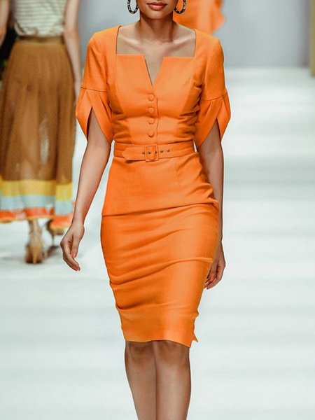 

Plain Tight Urban Short Sleeve Dress With Belt, Orange, Midi Dresses