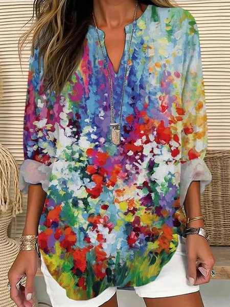 

Notched Long Sleeve Floral Lightweight Loose Shirt For Women, Multicolor, Blouses