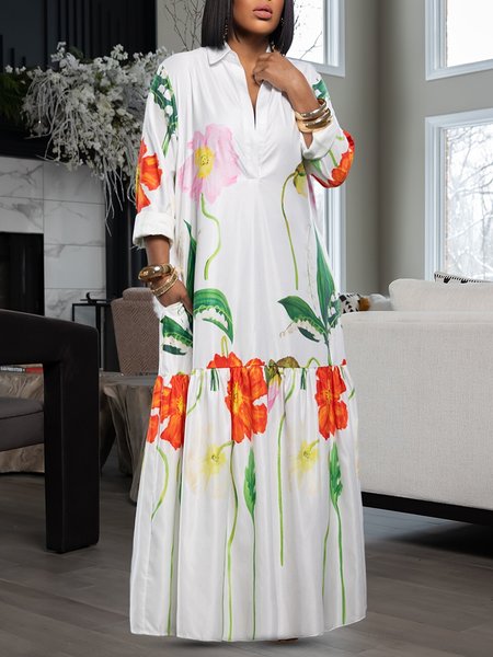 

Shirt Collar Vacation Floral Loose Maxi Dress, White, Maxi Dresses