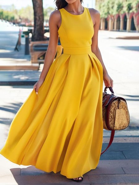 Regular Fit Elegant Crew Neck Plain Dress, Yellow, Maxi Dresses