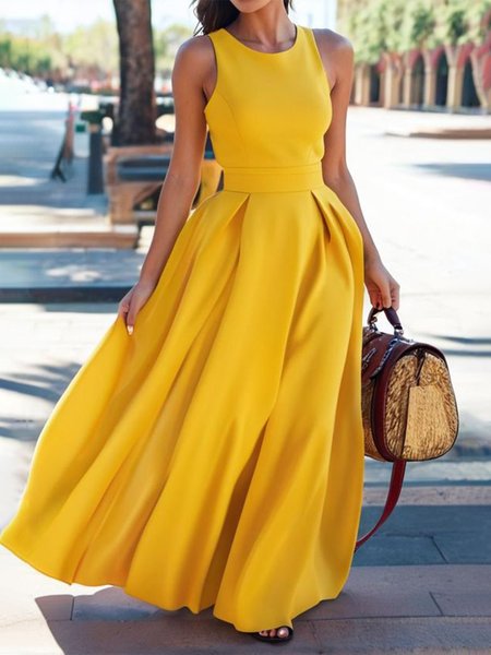 

Regular Fit Elegant Crew Neck Plain Dress, Yellow, Maxi Dresses